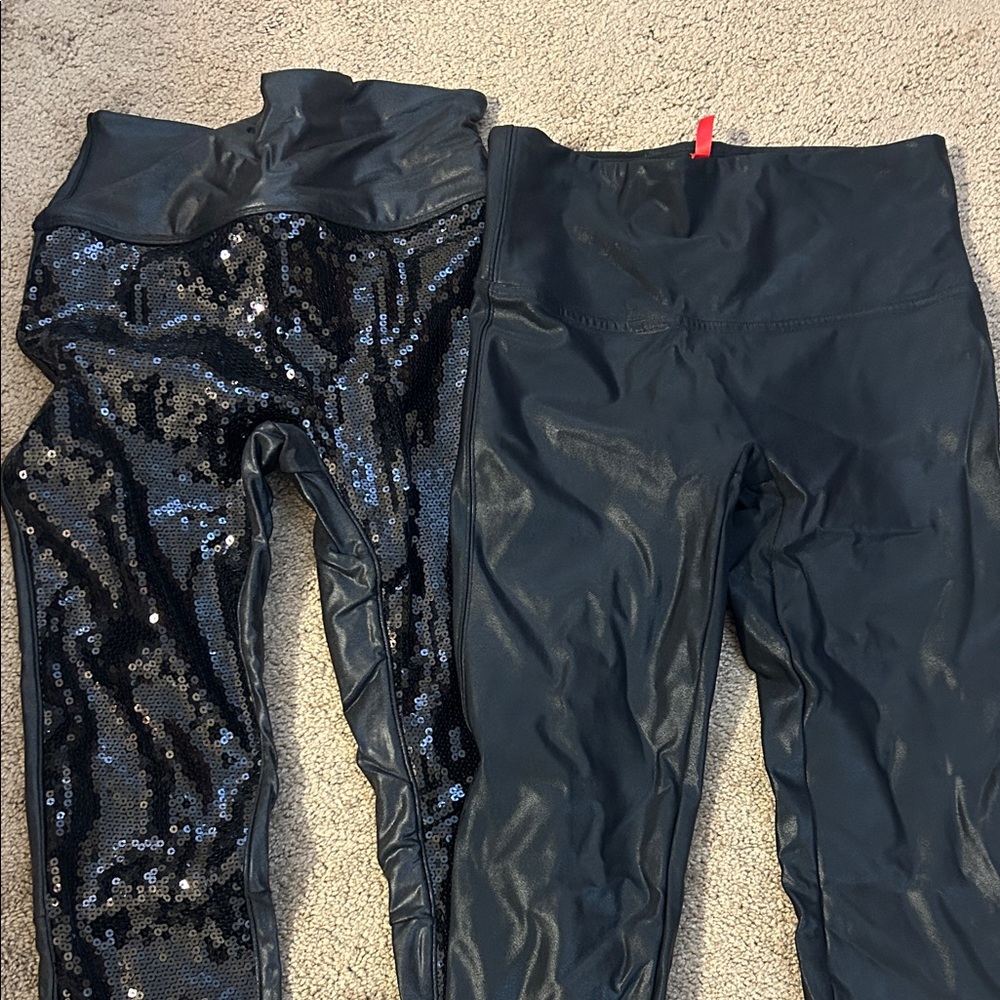 SPANX black Sequin and Faux Leather Leggings